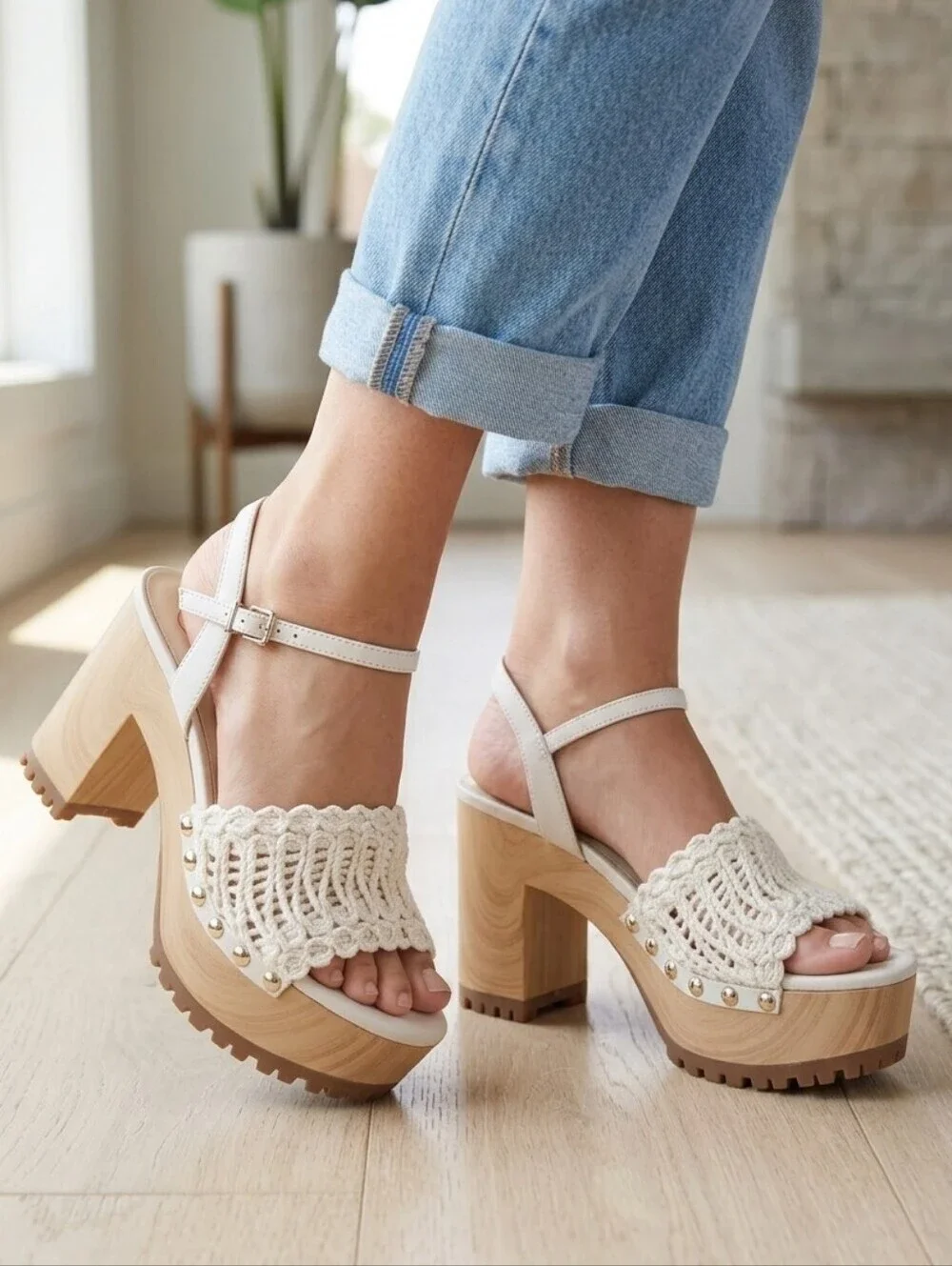Jessica Simpson Timia Woven Platform Sandals Chalk White Boho Clog Heel 7.5 NIB!